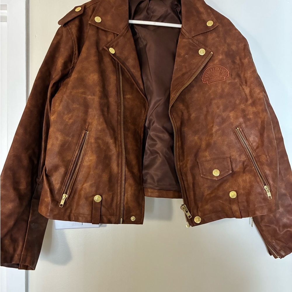 Brown Faux Leather Bruins Centennial Moto Jacket with Gold Hardware